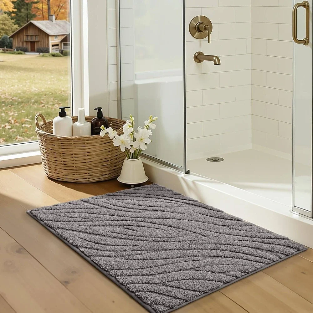 Grey Wavy Textured Microfiber Bath Mat Non-Slip Absorbent Rug 24x43in